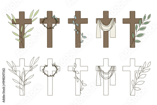 Set of vector Easter crosses with leaves, twigs, crown of thorns - colored and black and white, drawn with one line