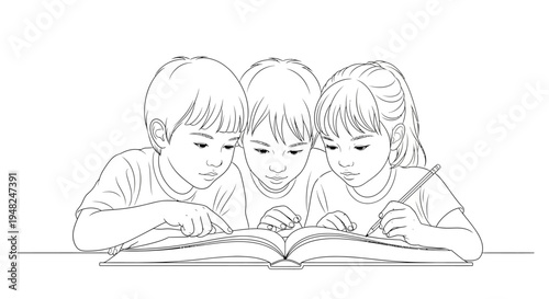 Three young children intently reading and writing together, learning activity.