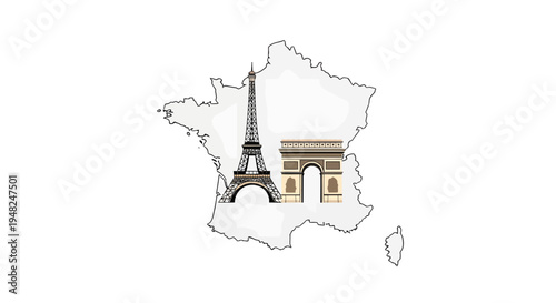 Vector illustration of France's geographic map highlighted with its most iconic Parisian landmarks, featuring the famous tower and historical arch, symbolizing European travel and cultural heritage