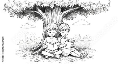 Two children reading books under a large tree.