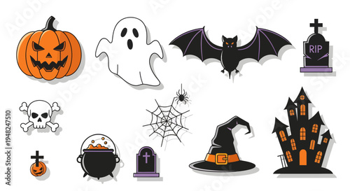 Spooky Halloween icon collection with smiling pumpkins, friendly ghosts, flying bats, witch hats, and haunted houses, perfect for autumn holiday designs