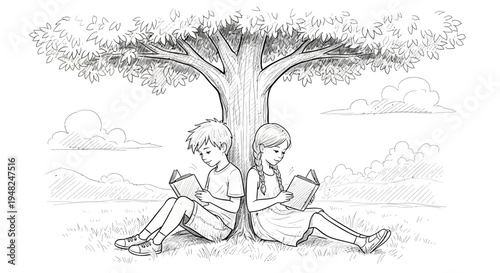 Two children reading books under a tree, enjoying a peaceful moment outdoors.