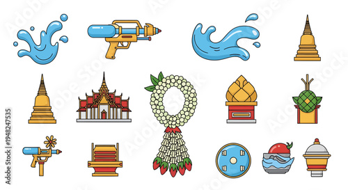 Set of traditional Thai cultural icons for Songkran festival, featuring temples, water pistols, splashes, and ceremonial garlands for festive designs