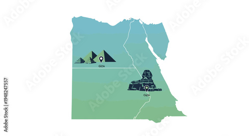 Stylized Vector Map of Egypt Highlighting Iconic Ancient Landmarks The Giza Pyramids and Majestic Sphinx with Location Pins for Travel and Tourism Concepts