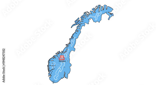 Illustrated map of Norway showcasing its unique elongated shape and extensive fjords, with a highlighted capital city point, ideal for educational content and travel planning