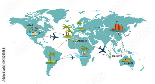 Global Travel Planning An Illustrative World Map Highlighting International Vacation Destinations, Flight Routes, and Exotic Holiday Getaways for Worldwide Exploration