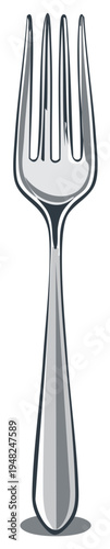 Shiny stainless steel fork isolated on a white surface, elegant cutlery design.