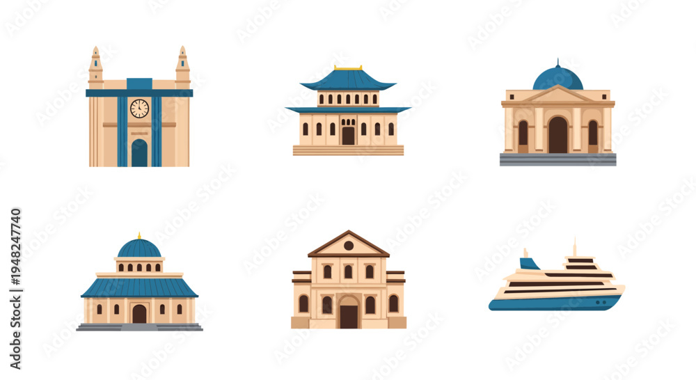 Naklejka premium Diverse collection of flat design architectural landmarks and a cruise ship icon, symbolizing global travel, tourism, and cultural heritage exploration