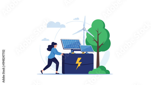 Energetic woman pushing a large battery storage unit integrated with solar panels and wind turbine representing renewable energy solutions.