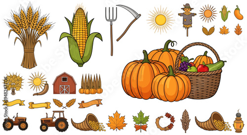 Bountiful Autumn Harvest Collection A vibrant array of fall seasonal elements including pumpkins, corn, wheat, farm tools, and Thanksgiving decorations, perfect for festive designs
