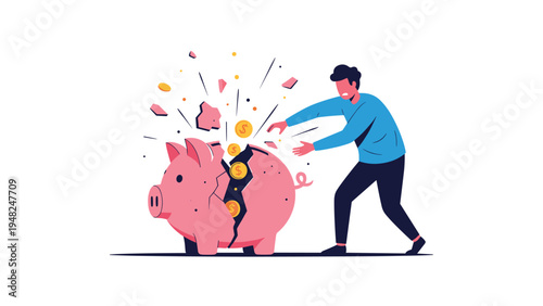 Stressed man attempting to catch falling gold coins from a shattered piggy bank symbolizing financial loss and economic crisis situations.