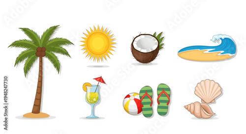 Vibrant vector set of essential summer beach vacation icons palm tree, bright sun, coconut, ocean wave, tropical cocktail, colorful flip-flops, and seashells. Perfect for travel designs