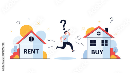 Confused man standing between two houses labeled rent and buy while contemplating the best real estate investment and housing decision.