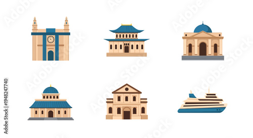 Diverse collection of flat design architectural landmarks and a cruise ship icon, symbolizing global travel, tourism, and cultural heritage exploration