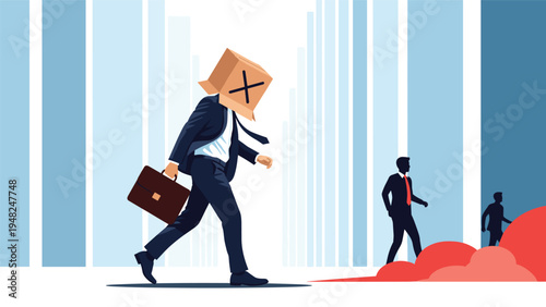 Isolated businessman walking through a city with a cardboard box on his head featuring an X to symbolize anonymity or social anxiety.
