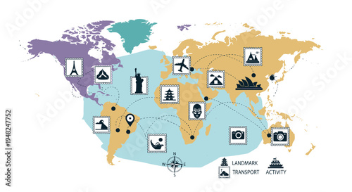 Visual world map featuring iconic global landmarks, international travel routes, and diverse tourist activities, symbolizing interconnected destinations and worldwide exploration