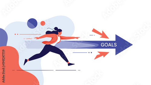 Determined woman running on a large arrow pointing towards a goals target to represent personal ambition and career drive in business.