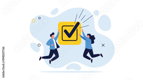 Happy colleagues jumping for joy next to a giant yellow check mark button to celebrate successful project completion and achievement.