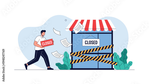 Disappointed shop owner walking away from his business premises marked with closed signs and caution tape during an economic downturn.
