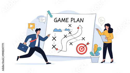 Team of professionals discussing and following a game plan strategy on a large board to achieve business objectives and success.