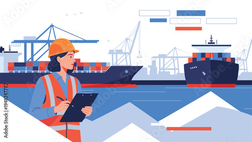 Professional female port worker wearing safety vest and hard hat writing on clipboard with cargo ships in background.