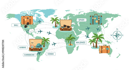 Embark on a Global Adventure World Map Illustration Featuring Essential Travel Gear and Popular Vacation Destinations with Flight Routes