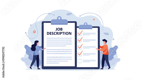 Male and female candidates reviewing a large job description checklist to prepare for a professional interview and career opportunity.