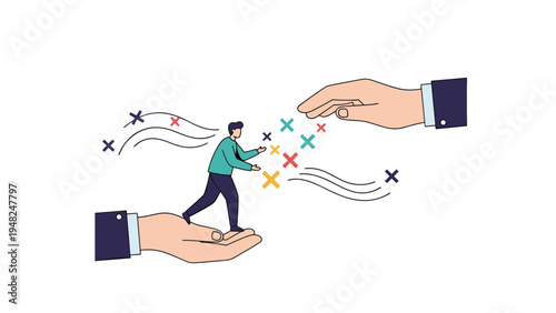 Small businessman being supported by two giant hands to overcome challenges and reach goals with help of mentorship and guidance.