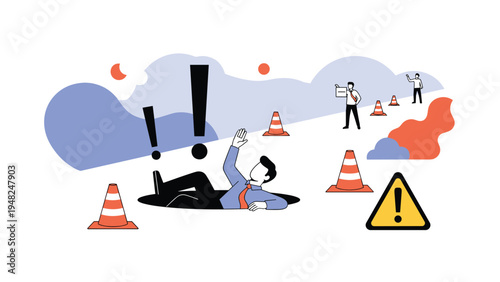 Unfortunate businessman falling into a deep hole surrounded by warning signs and cones representing business risks and financial pitfalls.