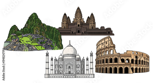 Iconic World Landmarks Collection Discover Ancient Wonders and Historic Architecture from Around the Globe in Detailed Vector Illustrations