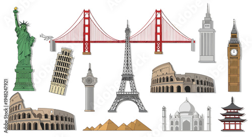 Iconic global landmarks collection featuring world-renowned architectural wonders and historic monuments, perfect for travel themes and international culture representations