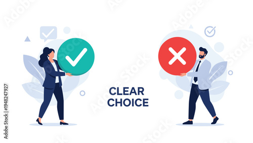 Professional man and woman holding a large check mark and cross mark representing clear choice and decision making in business processes.