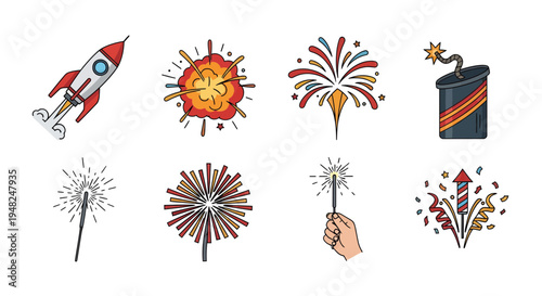 Vibrant collection of festive pyrotechnic elements and celebration icons, including rockets, sparklers, and various firework displays for joyful occasions and events