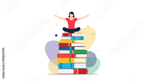 Peaceful woman meditating while sitting on a high stack of colorful books representing mindfulness and continuous knowledge acquisition.
