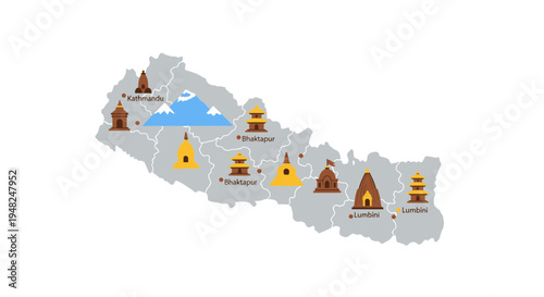 Colorful Vector Map of Nepal Showcasing Famous Cultural Landmarks, Ancient Temples, and Scenic Mountainous Regions for Travel and Tourism Guides
