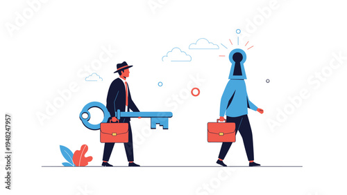 Businessman carrying a large blue key while following another man with a keyhole head representing the search for solutions and secrets.