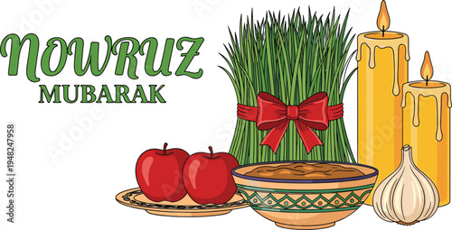 Nowruz Mubarak greeting illustration with wheat grass, candles, apples, garlic and traditional Persian new year festive symbols