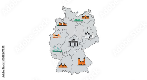 Illustrated vector map of Germany featuring distinctive architectural landmarks and cultural symbols placed within its federal states, ideal for showcasing travel destinations and regional identity