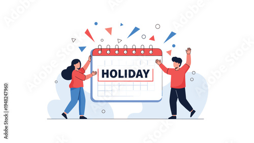 Excited office workers cheering and celebrating next to a large holiday calendar representing vacation time and work-life balance.