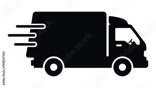 A sleek and modern delivery truck icon in motion, conveying speed and efficiency in logistics and transportation services with a bold black and white design