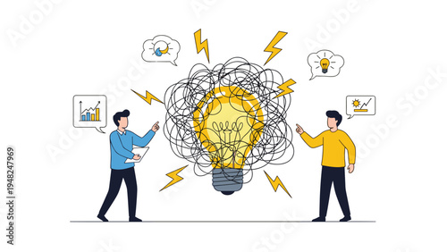 Innovative team members discussing a complex idea represented by a giant light bulb tangled in string to find creative business solutions.
