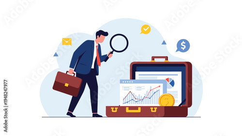 Professional auditor using a magnifying glass to examine financial charts and coins inside a large briefcase for business analysis.