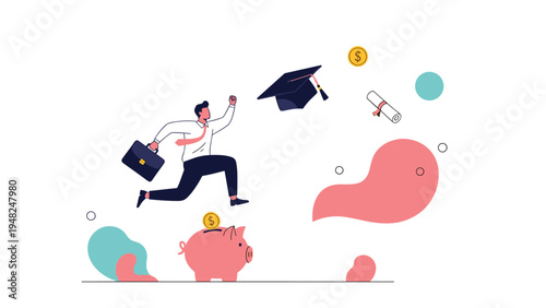 Ambitious man jumping from a savings piggy bank toward a graduation cap and diploma representing investment in higher education.