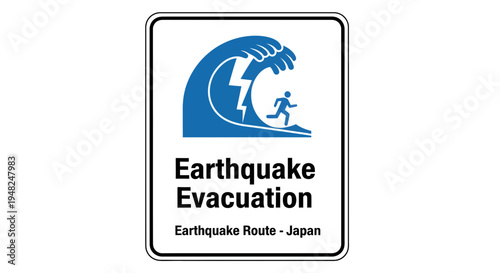 Iconic public safety sign for earthquake evacuation, depicting a person fleeing a tsunami wave and lightning, warning of natural disaster