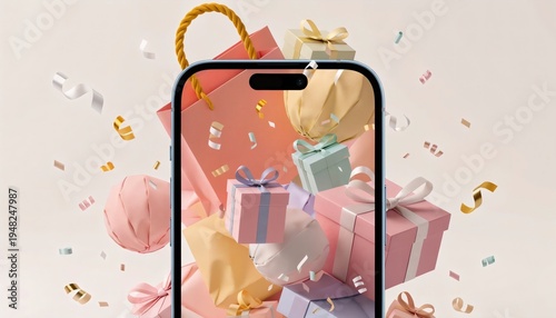 Smartphone with colorful shopping bags and gift boxes bursting out, online shopping celebration