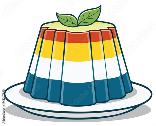 Vibrant Layered Gelatin Dessert with Fresh Mint Garnish on a White Plate