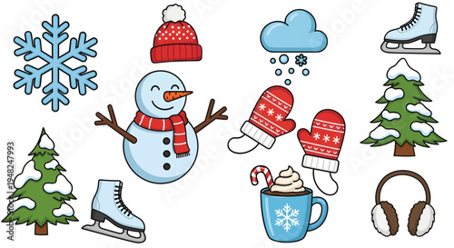 Cute collection of winter holiday elements including snowman, snowflake, ice skates, mittens, hot chocolate, and festive trees for seasonal graphic design projects
