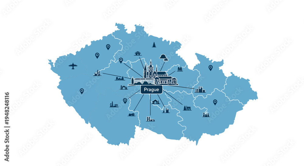 Obraz premium Dynamic vector map of Czech Republic illustrating key locations and infrastructure connections centered around the vibrant capital city of Prague for business and travel
