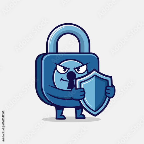 Cartoon Lock Character Holding Shield Securely.
