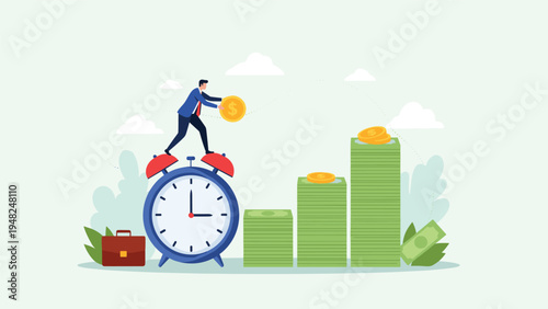 Person in a suit standing on a giant alarm clock and dropping a gold coin into a stack of money representing time is money concept.
